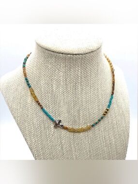 Blue Tan Beaded Necklace Silver Cross Boho Y2K Festival Southwestern Eclectic